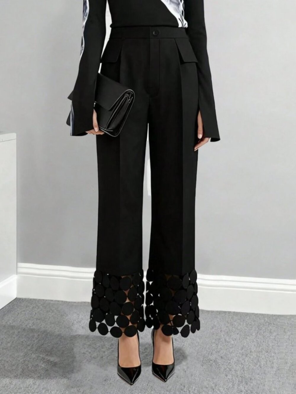 Black Wide Leg Trousers with Circle Cutout Hem Detail - Picture 3 of 5